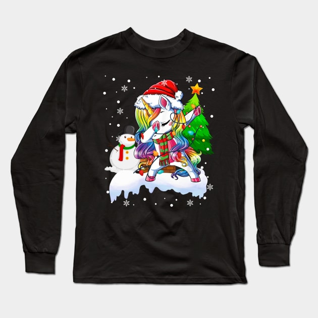 Dab Dance Unicorn Funny Christmas Lights Dabbing Unicorn Snowman Xmas Long Sleeve T-Shirt by springins